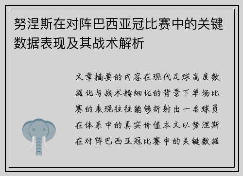 努涅斯在对阵巴西亚冠比赛中的关键数据表现及其战术解析 努涅斯在对阵巴西亚冠比赛中的关键数据表现及其战术解析